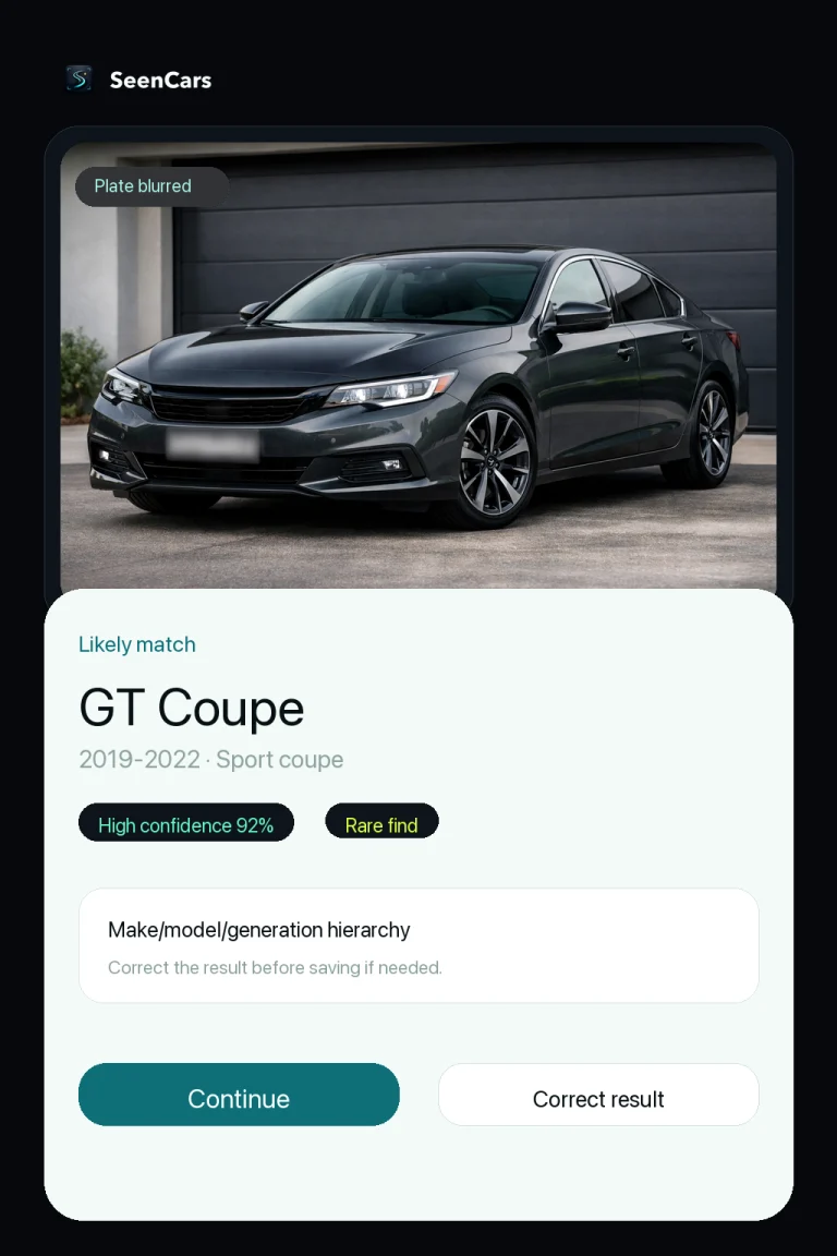 SeenCars AI recognition result with blurred plate, confidence, rarity, and correction controls